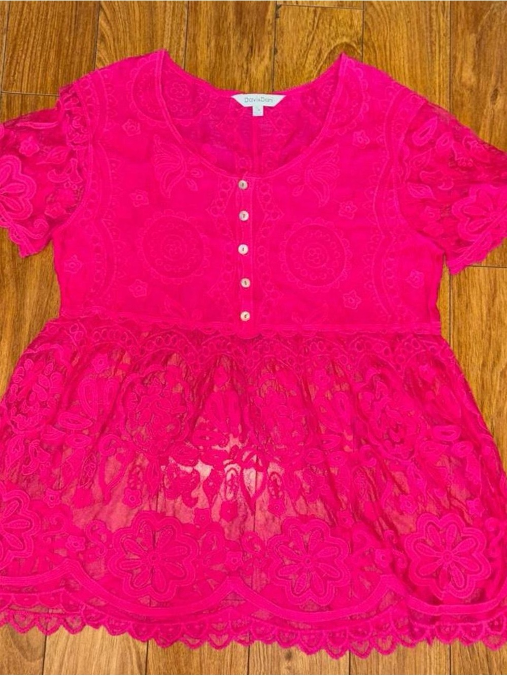 Pink lace babydoll top with floral embroidery and henley button detail